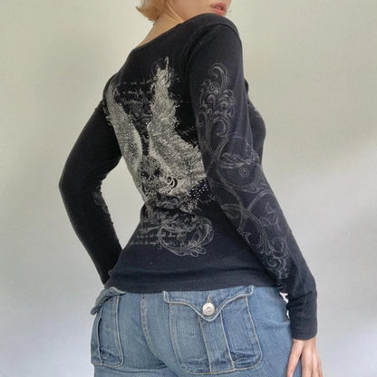 Camiseta con estampado gráfico de diamantes de imitación retro de los años 2000, estilo Harajuku grunge, estética Y2K, top corto de hadas, moda coreana, camisetas góticas vintage de centro comercial