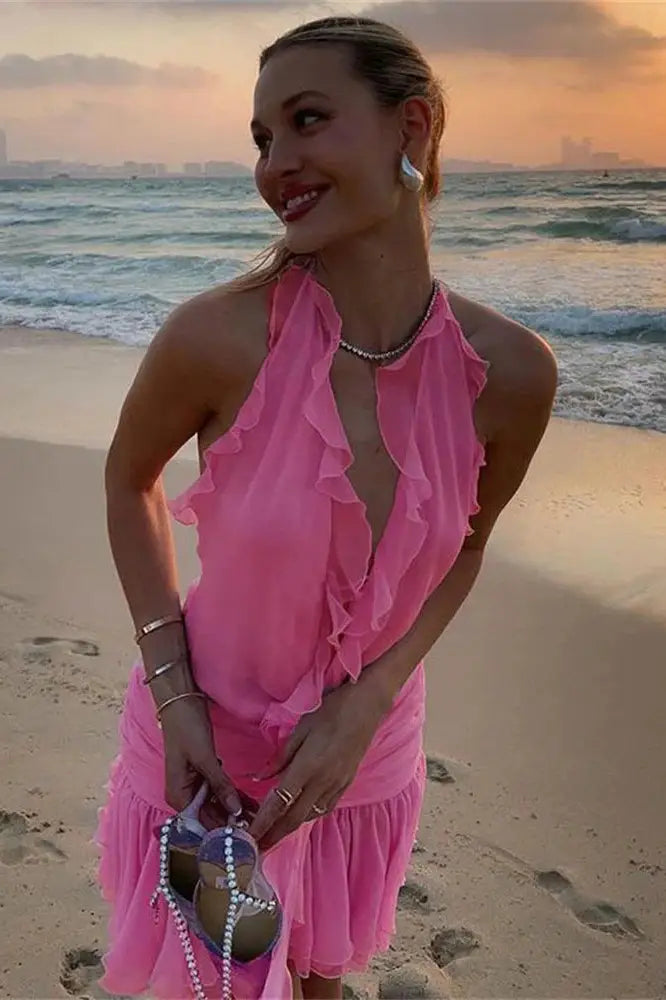 Floral Lace-Up Mini Dress with Ruffled Detail