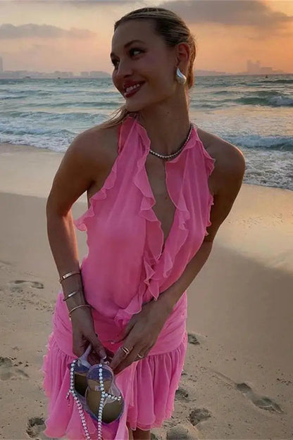 Floral Lace-Up Mini Dress with Ruffled Detail