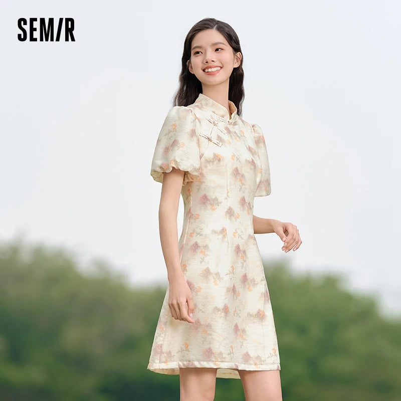 Vestido Cheongsam de verano con mangas abullonadas y estampado de pintura de tinta para mujer