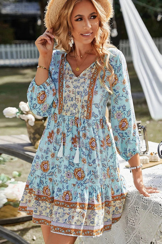 Elegant Printed Mini Dress with V-Neck Straps