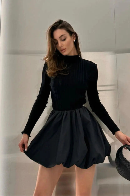 O-Neck Long Sleeved Mini Dress with High Waist