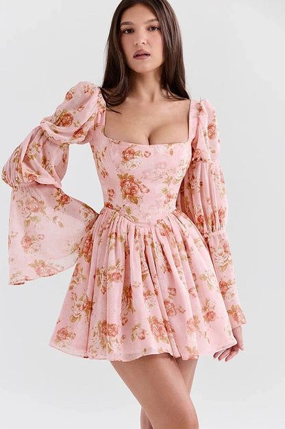 Printed Backless Mini Dress with Square Collar