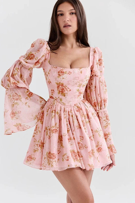 Printed Backless Mini Dress with Square Collar