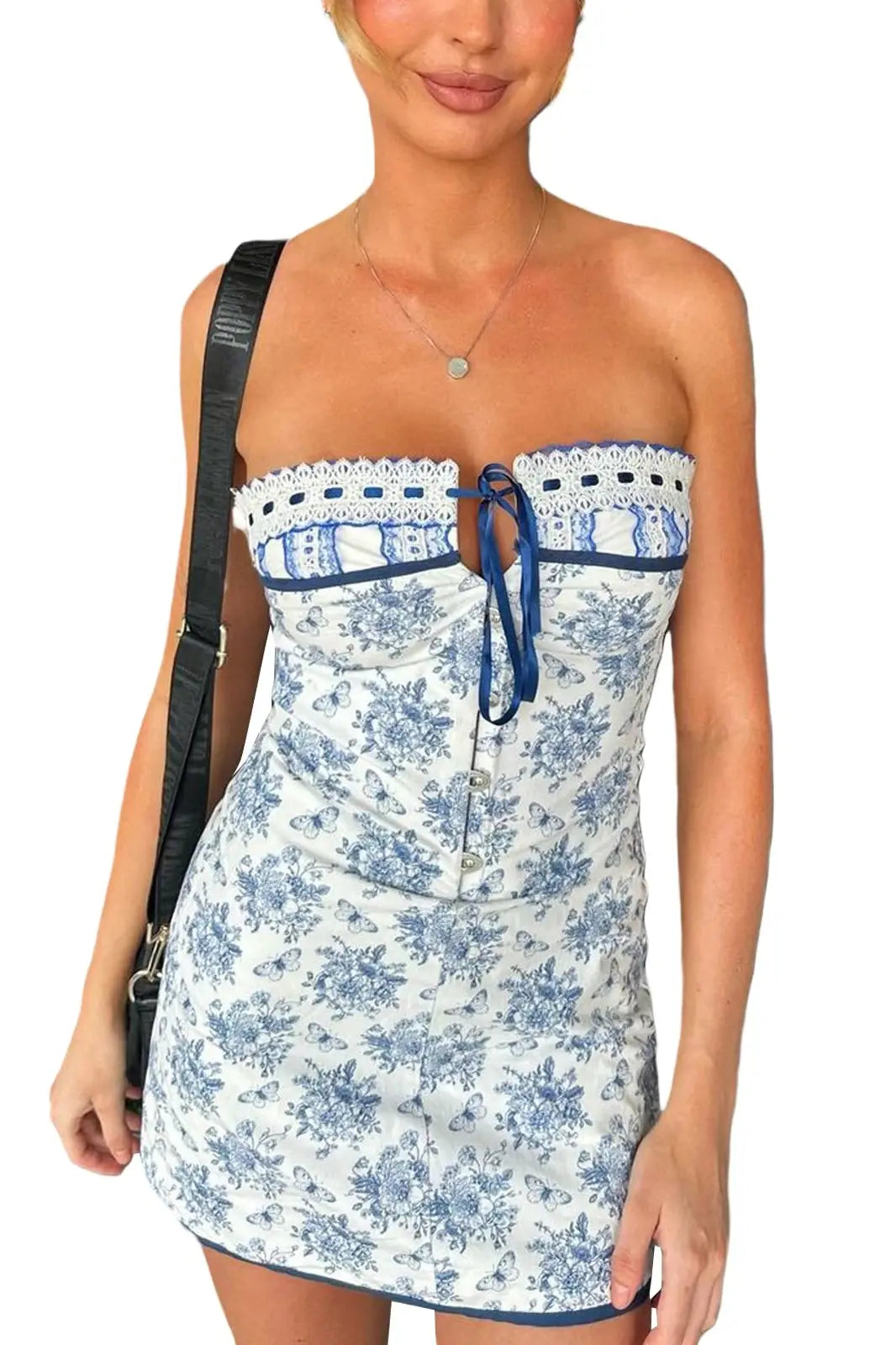 Boho Floral Print Off Shoulder Lace-Up Mini Dress