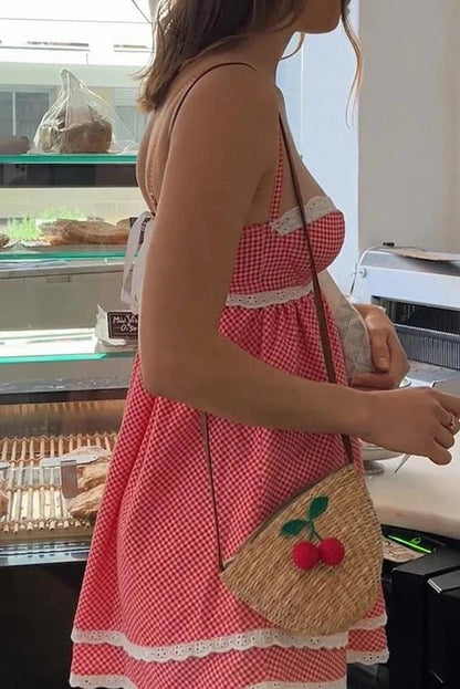 Plaid A-Line Lace Backless Mini Dress with Tie-Up Detail