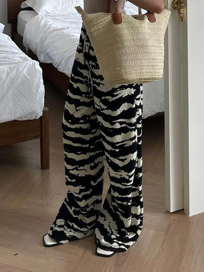 Zebra Stripe Knitted Straight Pants Women Drawstring Elastic Waist Casual Loose Baggy Trousers Boho Vacation Outfits