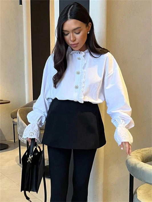 Female Glitter Ruffled Shirts Top Inner Patchwork Long Sleeve Casual Commute Clothes Hollow Out Elegant Women’s Blouses