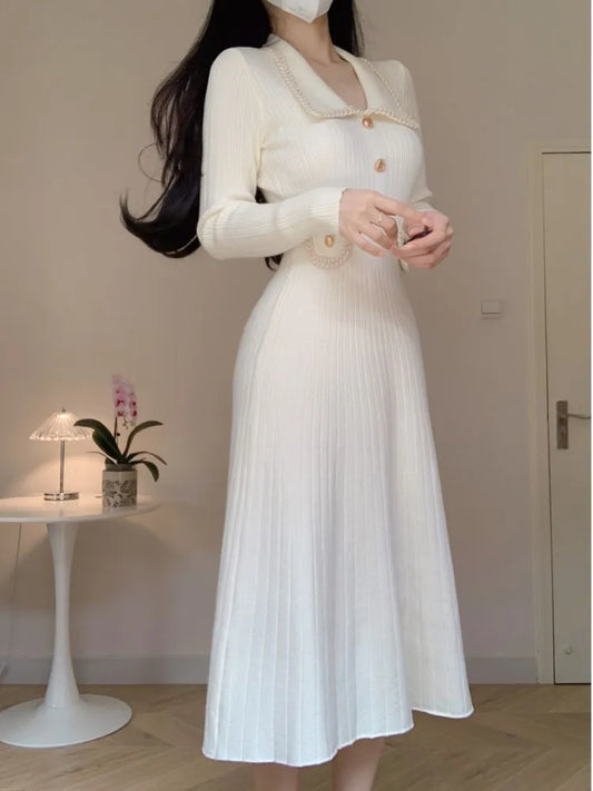 Vestidos de punto de otoño e invierno para mujer, cuello vuelto, moda coreana, corte en A, vestido liso informal, vestidos ajustados para mujer, nuevo