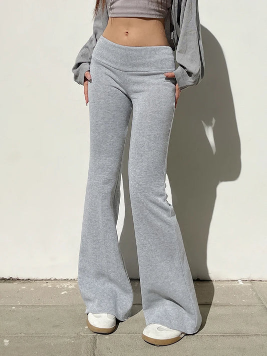 Pantalones deportivos grises ajustados de cintura baja para mujer, pantalones acampanados básicos, lisos y negros, pantalones deportivos para correr