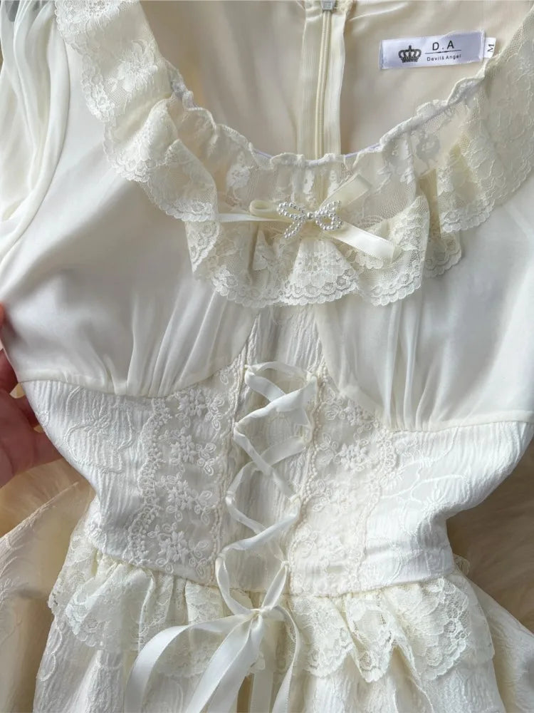 Vestido elegante de otoño para mujer, estilo princesa, para fiesta de boda, estilo coreano, jacquard, hada, vintage, con cordones y mangas acampanadas