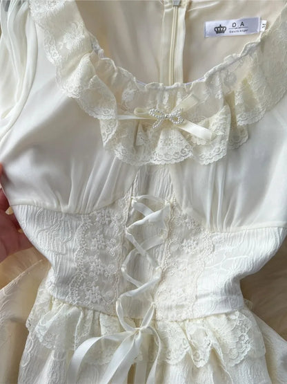 Vestido elegante de otoño para mujer, estilo princesa, para fiesta de boda, estilo coreano, jacquard, hada, vintage, con cordones y mangas acampanadas