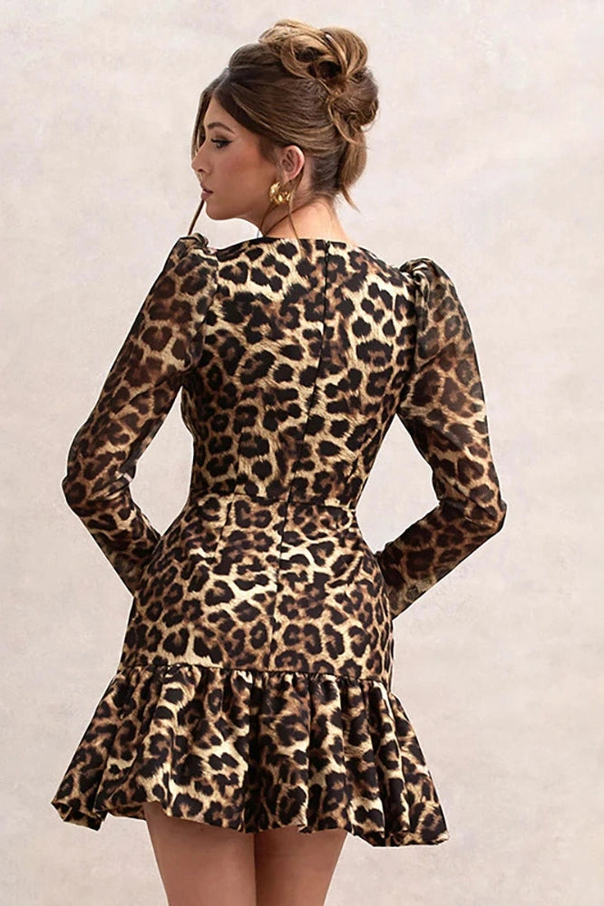 Printed Long Sleeve Mini Dress with Square Collar and High Waist
