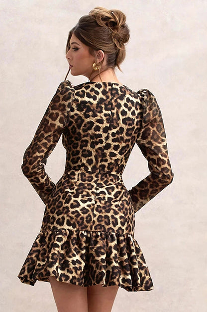 Printed Long Sleeve Mini Dress with Square Collar and High Waist