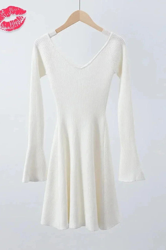 Off-Shoulder V-Neck Mini Dress with High Waist and Long Sleeves