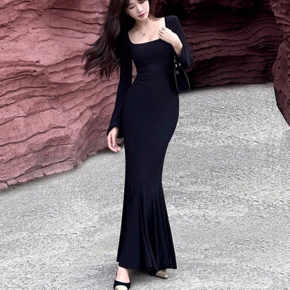 Vestidos largos de moda de otoño para mujer, mangas largas, cuello cuadrado, estilo coreano, corte entallado, sirena, elegantes, básicos, lisos, nuevos