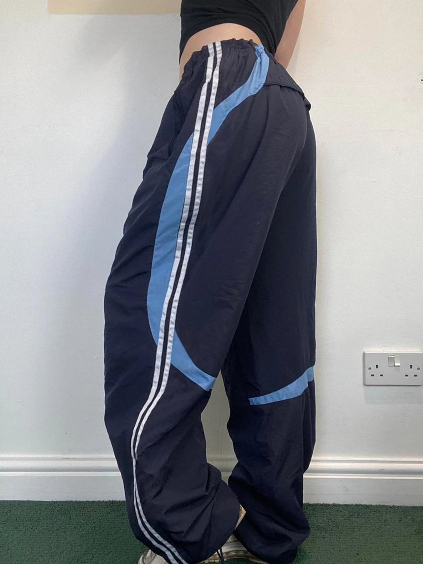 Contrast Stripe Wove Straight Leg Pants For Women Elastic Waist Casual Loose Baggy Trousers Street Jogging Sweatpants