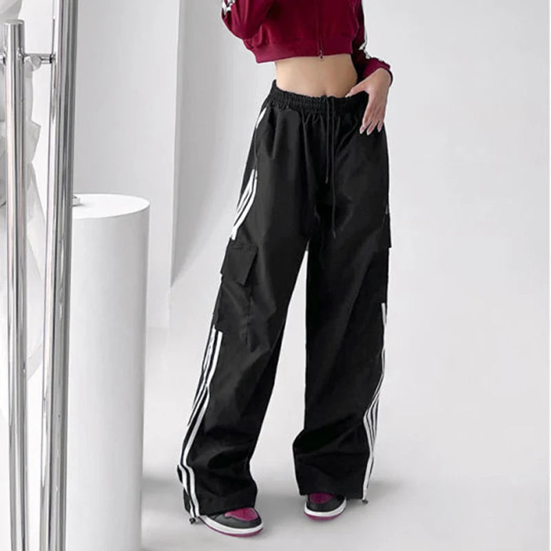 Pantalones deportivos a rayas para mujer, estilo hip hop, holgados, de pierna ancha, cargo, cintura alta, con cordón, Y2K