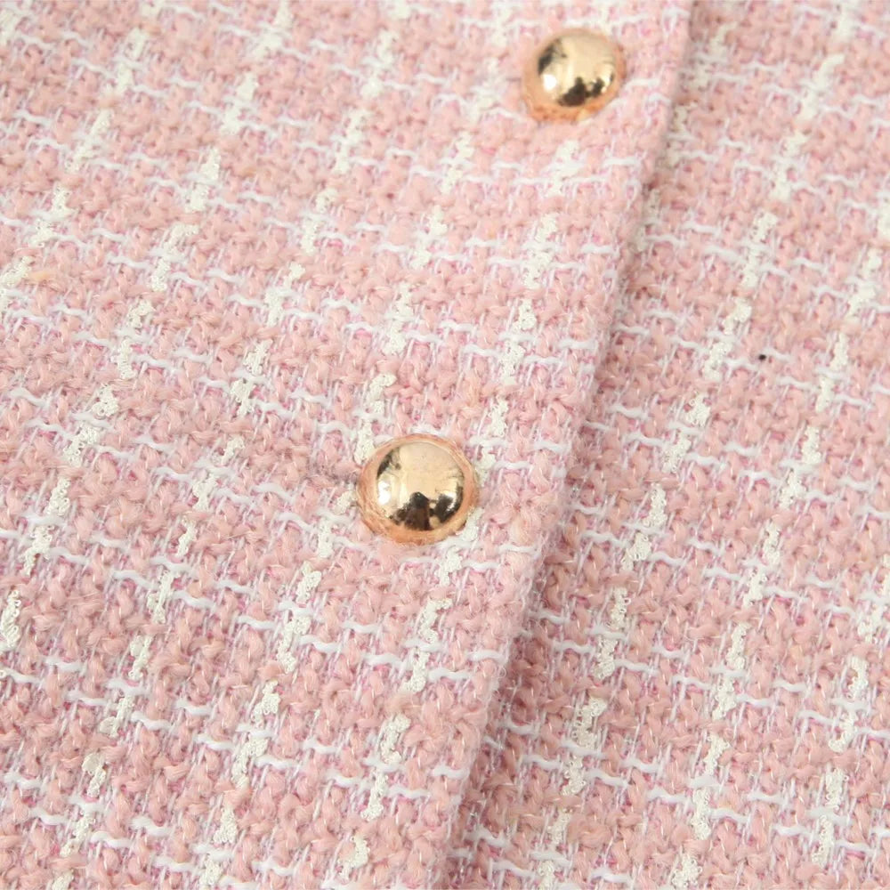 Conjunto de 2 piezas de blazer de tweed tejido a cuadros rosa retro estilo francés + minipantalones cortos de cintura alta.