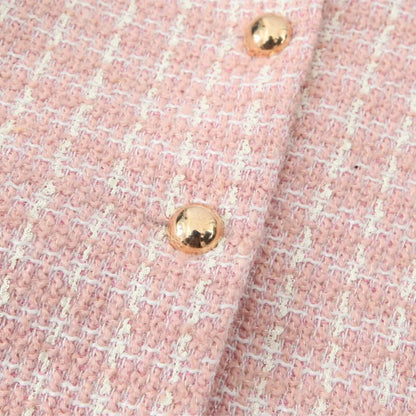 Conjunto de 2 piezas de blazer de tweed tejido a cuadros rosa retro estilo francés + minipantalones cortos de cintura alta.