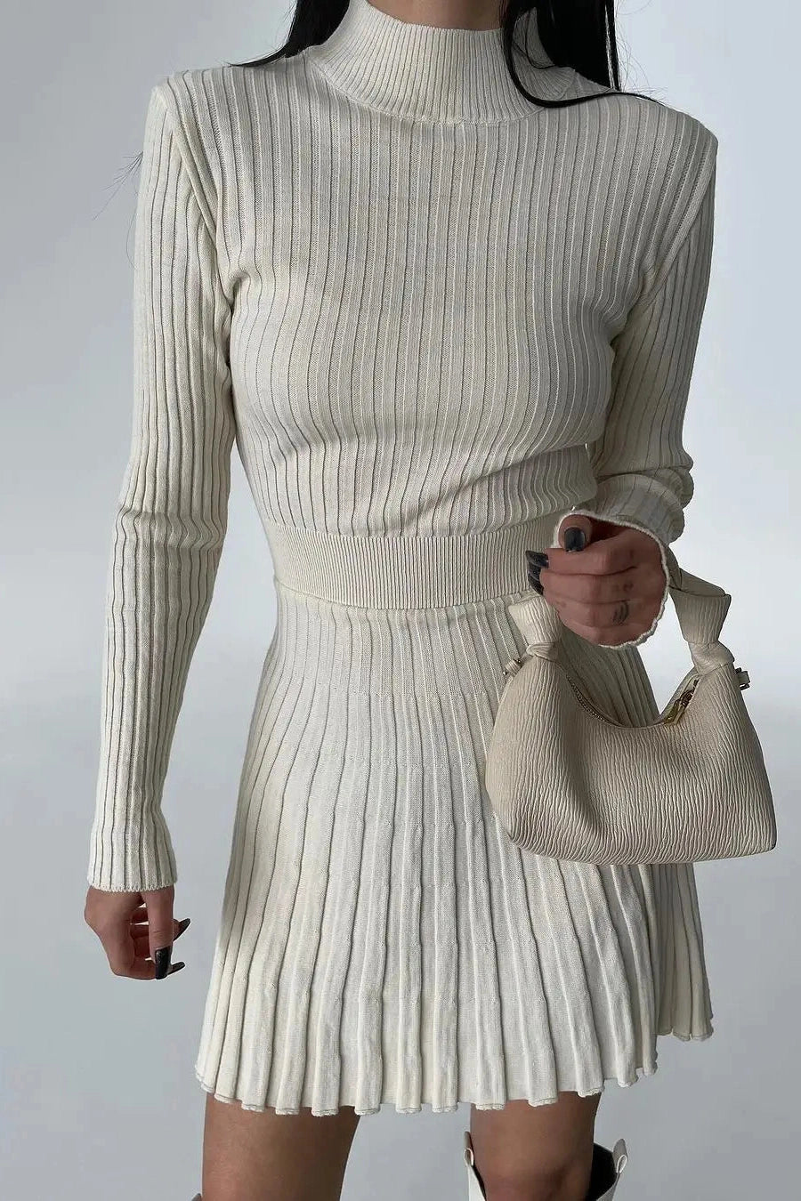 O-Neck Long Sleeve Mini Dress with High Waist