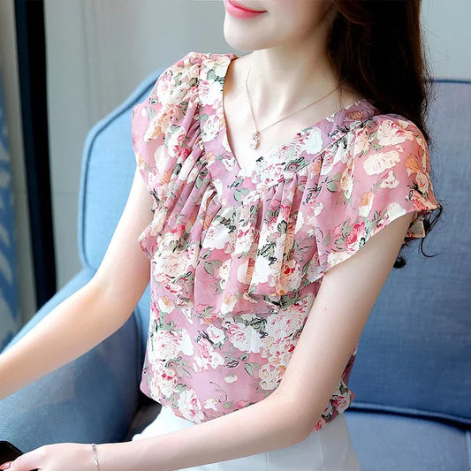 Women Summer Style Chiffon Blouses Shirts Lady Casual Short Ruffles Sleeve V-Neck Flower Printed Blusas Tops