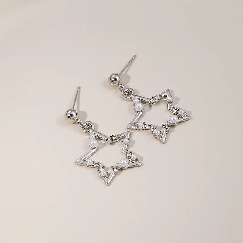 Korean Fashion Pearl Crystal Star Drop Earrings for Women Geometric Pendants Jewelry Gift