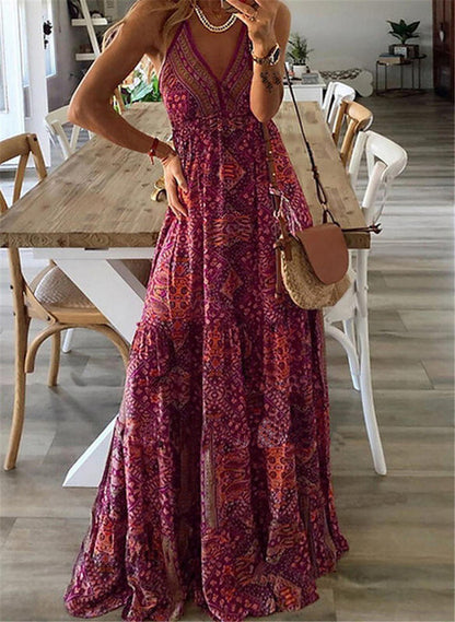 Vestidos de tirantes finos para mujer, estilo bohemio, estampado vintage, para playa, sexy, con escote en V, maxivestidos de corte A, 2025
