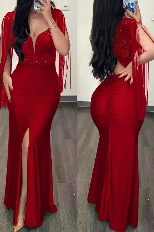 Sequin Slit Maxi Dress with Elegant Contrast