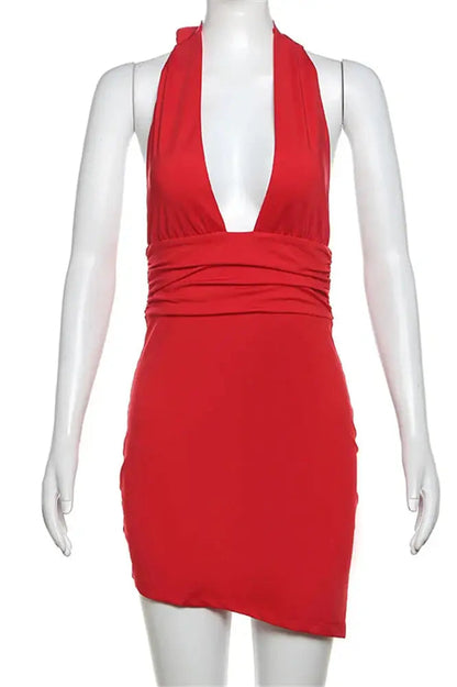 V-Neck Backless Bandage Mini Dress - V-Neck, Backless, Bandage Mini Dress