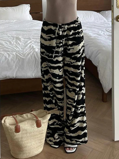 Zebra Stripe Knitted Straight Pants Women Drawstring Elastic Waist Casual Loose Baggy Trousers Boho Vacation Outfits