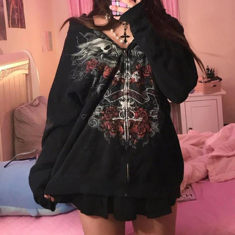 Sudadera con capucha y cremallera con estampado gráfico indie grunge, ropa vintage Y2K, sudadera holgada estilo Harajuku grunge, chaqueta emo estilo coreano kawaii gótico de centro comercial