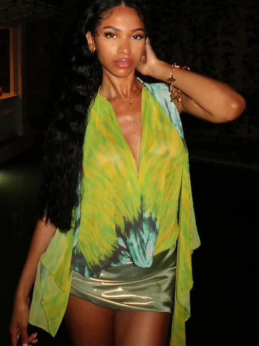 Tops elegantes y sexys para mujer, nuevos e impresionantes, con efecto tie-dye, vendaje con cuello colgante, cintas, chaleco sin espalda, ropa de club Y2K para mujer