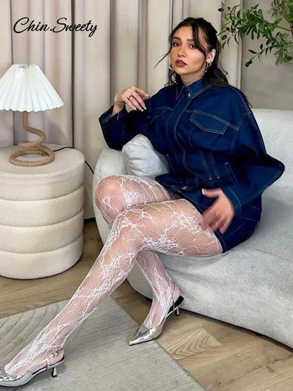 Street Women’s Denim Jacket Lapel Full Sleeves Zipper Dark Blue Cinched Waist Jeans Coats Female 2025 Spring Lady Y2K Outwear