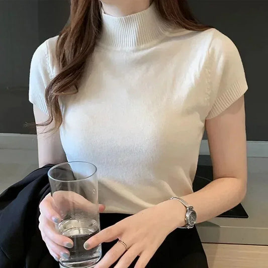 Womens Tops And Blouses Summer Short Sleeve Blouse Women Blusas Mujer De Moda  Turtleneck Knitted Blouse Shirt Tops