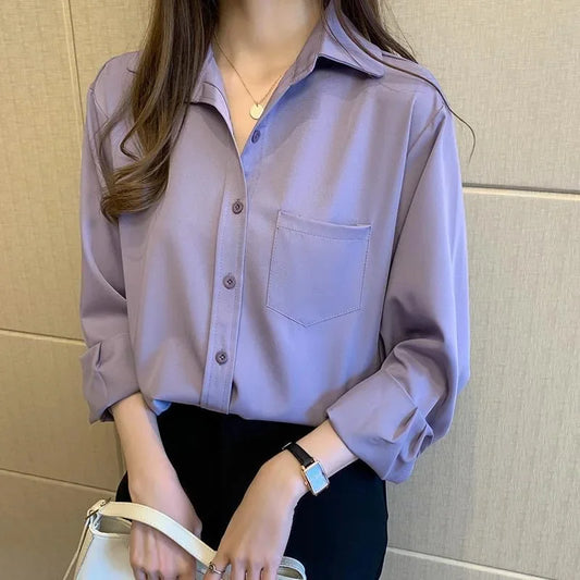 Women Spring Autumn Style Blouses Shirts Lady Casual Long Sleeve Turn-down Collar Solid Color Blusas Tops