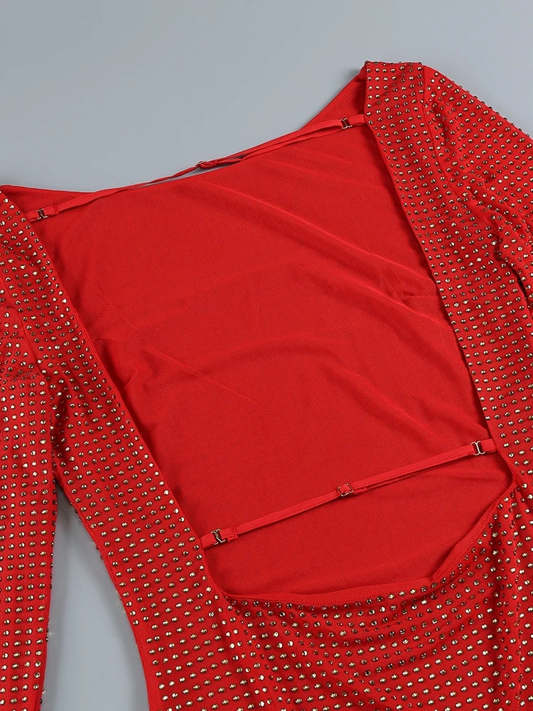 Althea Long Sleeve Mini Dress with Cowl Back Mesh and Rhinestones