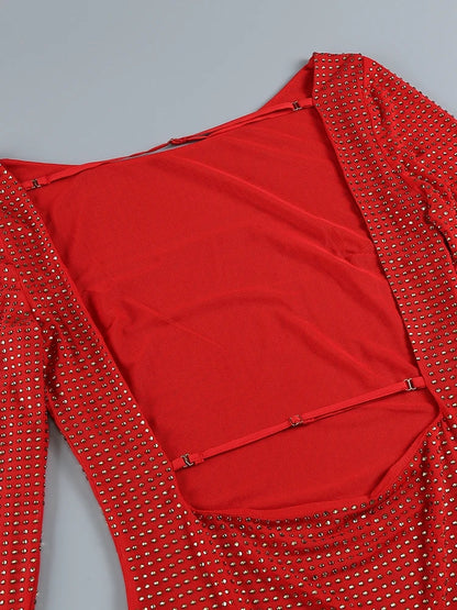 Althea Long Sleeve Mini Dress with Cowl Back Mesh and Rhinestones