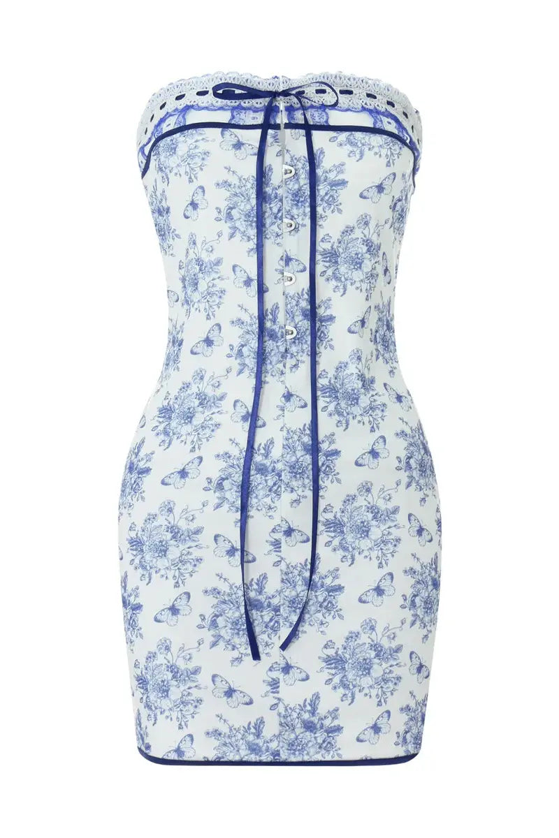 Boho Floral Print Off Shoulder Lace-Up Mini Dress