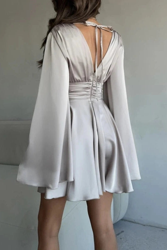 Deep V Neck High Waist Flare Sleeve Mini Dress