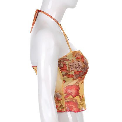 Camisola transparente de malla con estampado floral de los años 00, Hotsweet E-girl, top ajustado sin espalda, top corto sin mangas para mujer, chaleco Y2K, ropa de calle