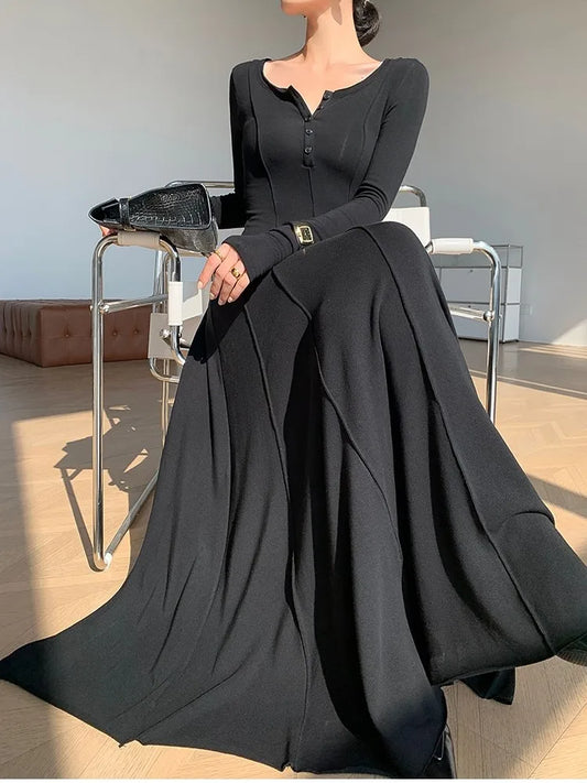 Vestidos casuales de punto para mujer, manga larga, cuello cuadrado, corte A, vestido maxi de otoño, moda coreana, vestidos sólidos para mujer, nuevo