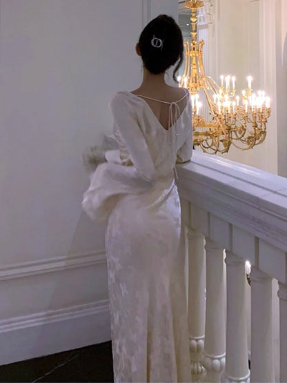 Vestidos de noche de otoño para mujer, ajustados, para boda, graduación, manga acampanada, cuello alto, estilo francés vintage, midi, novedad