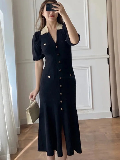 Vestidos de punto elegantes de otoño para mujer, vestido midi de una sola botonadura con cuello en V y mangas abullonadas, moda para mujer