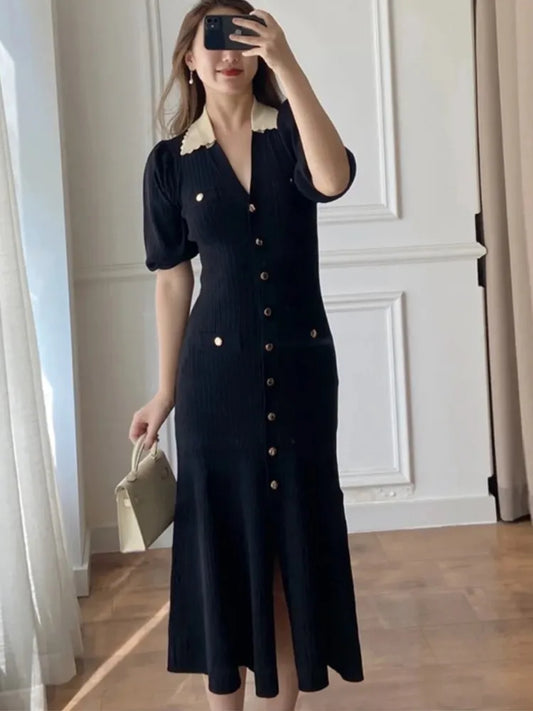 Vestidos de punto elegantes de otoño para mujer, vestido midi de una sola botonadura con cuello en V y mangas abullonadas, moda para mujer