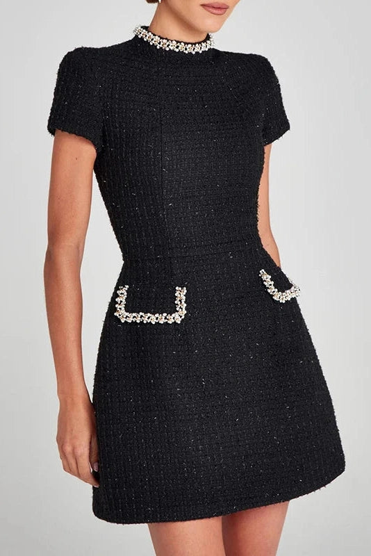 Slim Fit A-Line Mini Dress with O Neck and Short Sleeves