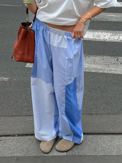 Pantalones holgados con diseño de bloques de color grunge y rayas azules para mujer, cintura elástica, sueltos, informales, tejidos, ropa de casa informal
