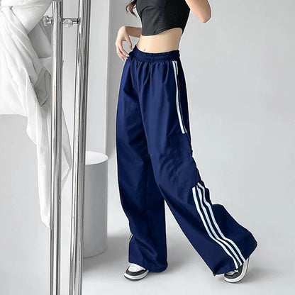 Pantalones deportivos a rayas para mujer, estilo hip hop, holgados, de pierna ancha, cargo, cintura alta, con cordón, Y2K