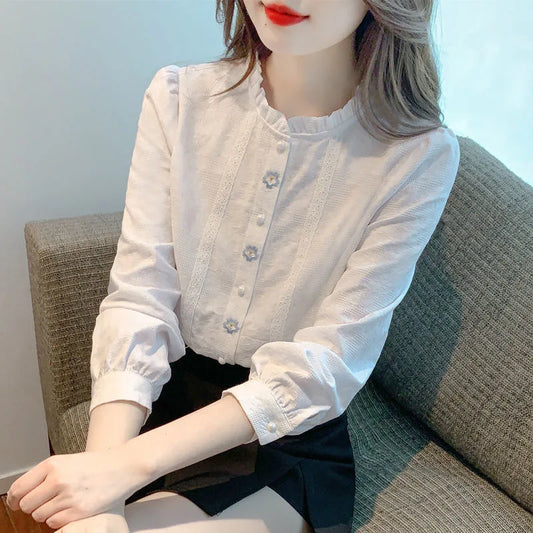 Embroidery Women Spring Autumn Blouses Shirts Lady Casual Long Sleeve Stand Collar Solid Color Blusas Tops DF4774