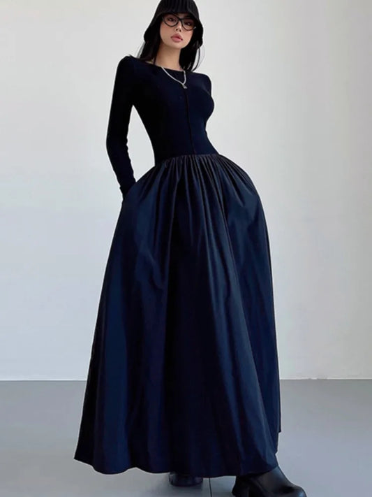 Vestidos largos informales de retazos para mujer, cuello redondo, mangas largas, corte en A, otoño primavera, moda coreana, vestidos de una pieza para mujer, nuevos